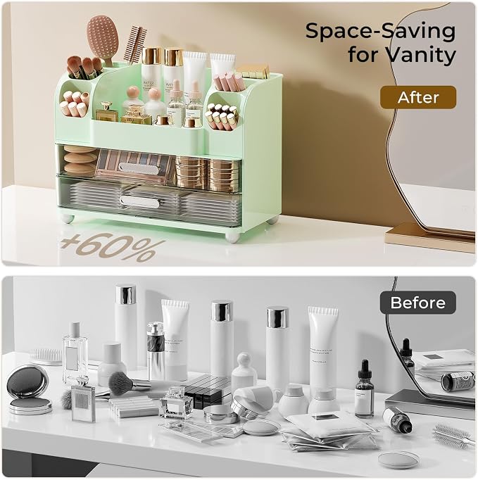 UFORU Makeup Organizer for Vanity with 2 Large Drawers, Cosmetic Display Case with Brush Holders, Easy to Storage for Bathroom Countertop Skincare, Perfume, Green