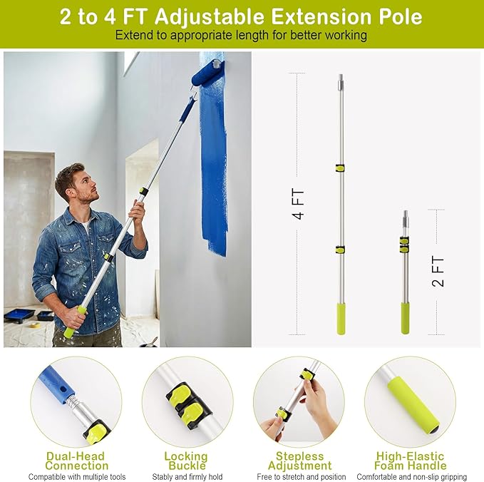 Housolution 33PCS Paint Roller Kit with 2–4 FT Extension Pole, 4 Inch 9 Inch Microfiber Paint Roller, 4 Brushes, Painters Tape, Drop Cloth, Professional Painting Supplies for Walls Ceilings and Home