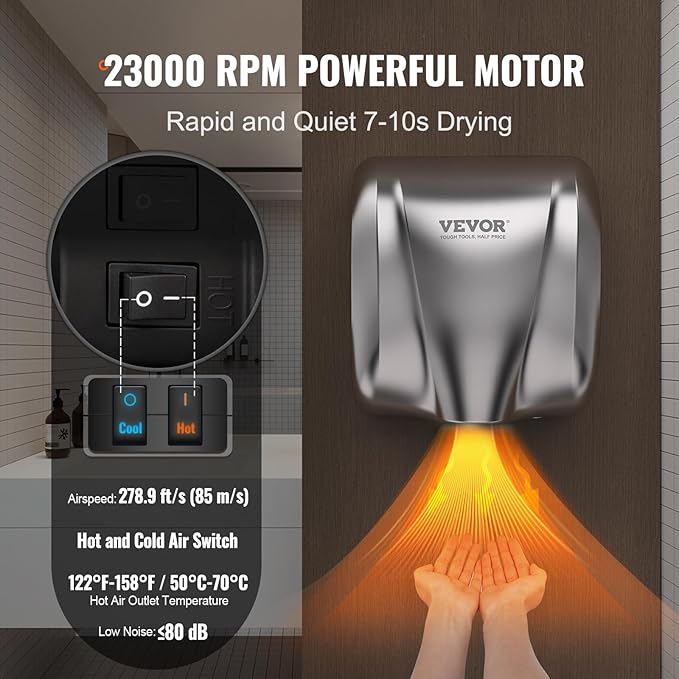 VEVOR Heavy Duty Commercial Hand Dryer, 1300W Automatic High Speed Stainless Steel Warm Wind Hand Blower, 120V Plug in/Hardwired Two Power Options, Compliant for Industry Business Restrooms