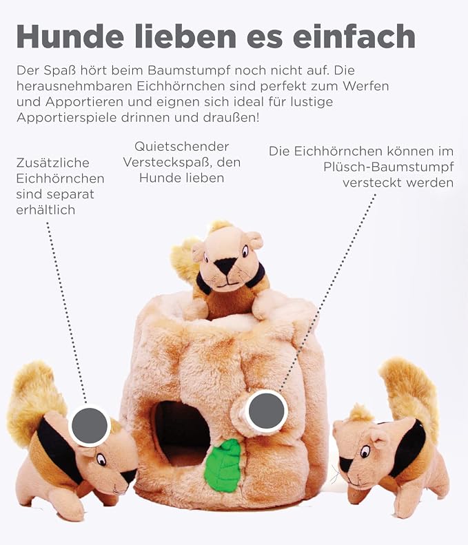Outward Hound Hide-A-Squirrel Dog Toy – Interactive 2‑in‑1 Plush Puzzle with 3 Squeaky Removable Squirrels, Medium