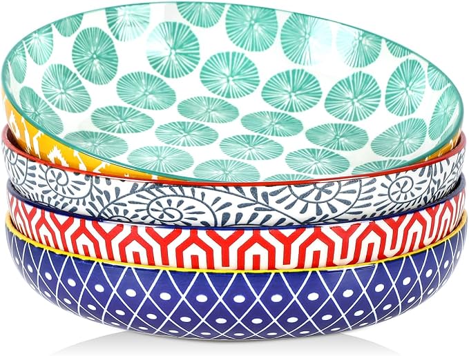 Selamica 9.6" Pasta Bowls Set of 4, 51 OZ Large Salad Bowls, Ceramic Wide and Shallow Serving Bowls for Soup, Dinner, Microwave & Dishwasher Safe, Assorted Colors