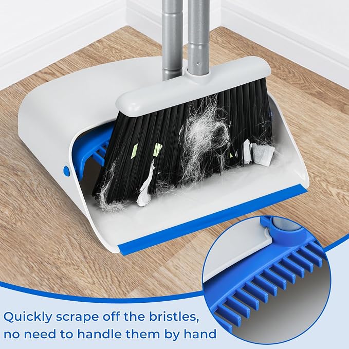 Broom and Dustpan Set with Long Handle 52", Standing Broom and Dust Pan Set for Home Kitchen Room Office Lobby Blue