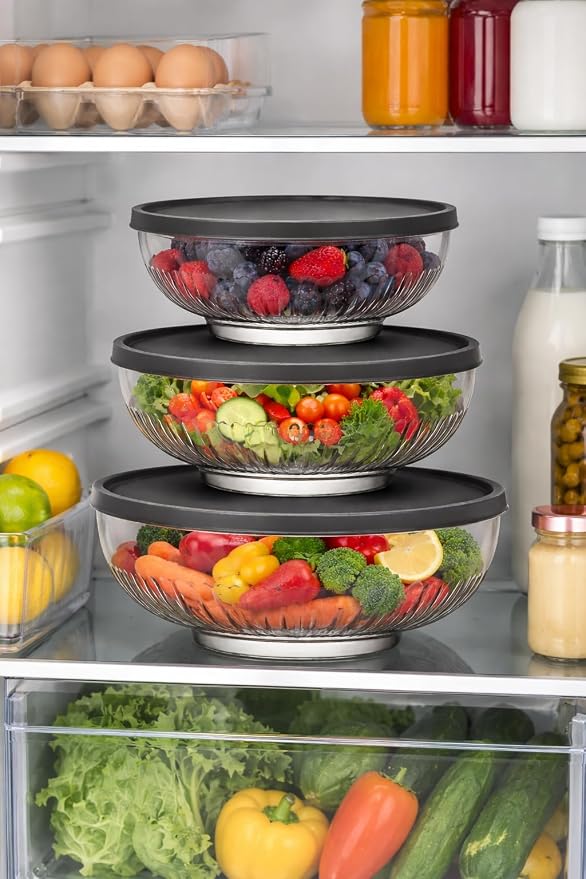 BOHEM'S 3 Pack Glass Bowls with Lids, Space-Saving Stackable Heavy Glass Food Storage Containers set with Lids, Meal Prep Containers With BPA-Free airtight Lids (4-6-11 cup) (30–50–88 oz)