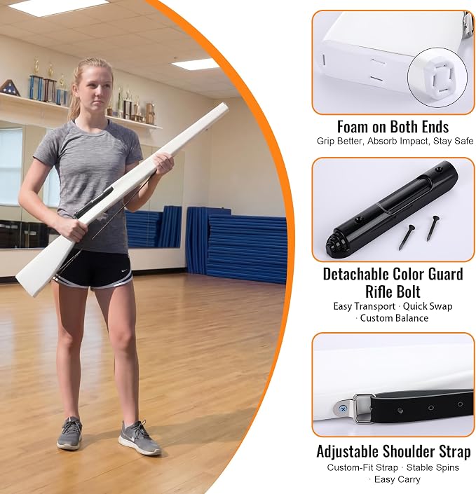 Color Guard Rifle, Wooden Drill Rifle for Winter Guard Practice | Glossy Finish, Leather Strap, Foam Padded Ends, Balanced Design, Winter Guard, Includes 2 Rolls Black Tape