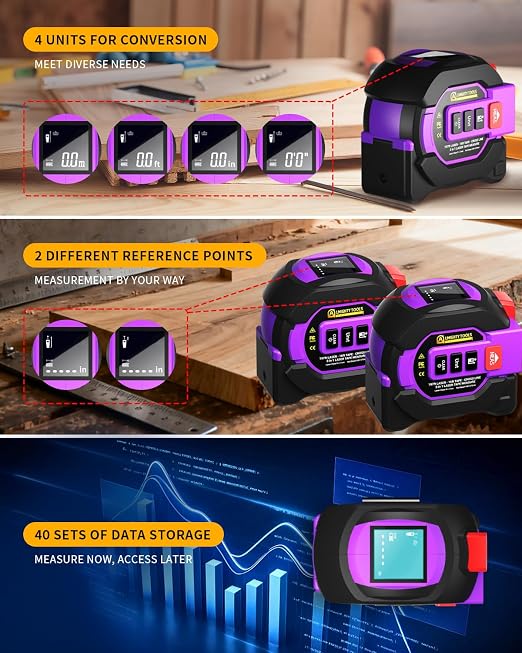 3 in 1 Digital Laser Tape Measure, 197ft/60m Laser Distance Meter, 16ft/5m Digital Tape Measure with Cross Line, AutoLock, ft/in/m Unit Switch, Measure Area, Volume, Pythagorean