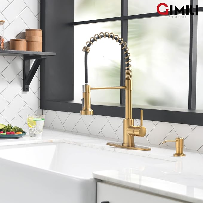 GIMILI Brushed Gold Kitchen Faucet with Soap Dispenser, Single Handle Spring Pull Out Kitchen Sink Faucets with Pull Down Sprayer