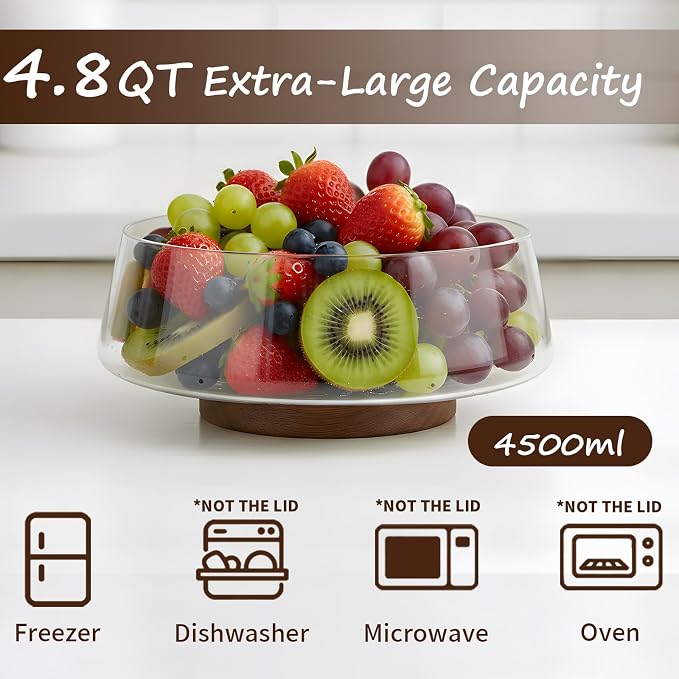 Extra Large Glass Salad Bowl Set, 4.8Qt Mixing Bowl with Acacia Wood Lid, Base and Salad Serving Utensils, Clear Serving Bowl Trifle Bowl, Elegant Salad Bowls for Kitchen,Parties,Christmas
