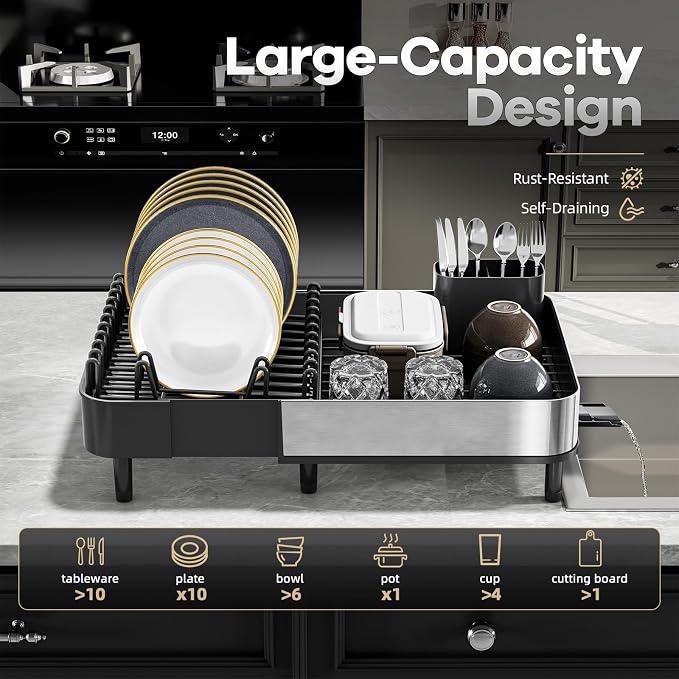 Urackify Stainless Steel Dish Drying Rack for Kitchen Counter,Black | Expandable 16.1" to 20.5", Large Capacity, Rustproof, Non-slip Feet, Adjustable Drain Pipe, Easy Assembly & Clean