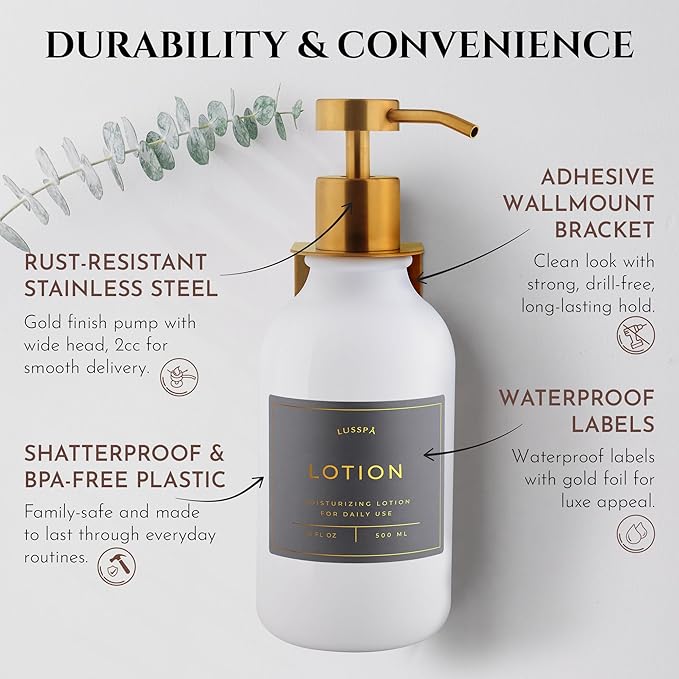 Shower Shampoo Dispenser Wall Mounted – 3 Refillable 16.9 oz White Bottles with Stainless Steel Pumps & No-Drill Adhesive Holders – Soap Dispenser Set for Bathroom (3 X White/Gold)