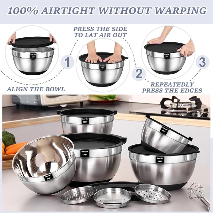 Umite Chef Mixing Bowls with Airtight Lids, 8PCS Stainless Steel Nesting Mixing Bowls Set, 3 Grater Attachments & Non-Slip Bottoms, Black Kitchen Bowls, Size 5, 4, 3.5, 2, 1.5QT for Baking & Serving