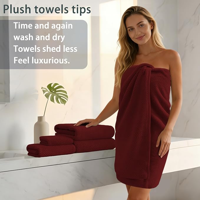 VOOVA & MOVAS 6PC Towel Set, 100% Cotton, Burgundy Red | 2 Large Bath 30x56 In, 2 Hand 18x28 In, 2 Washcloths 13x13 In, Soft, Quick Dry, Towel Gift Set