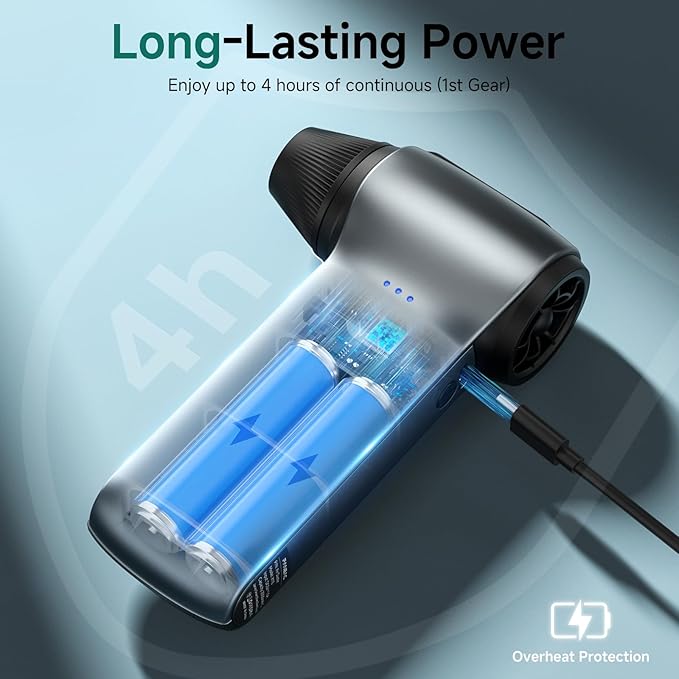 Mini Compressed Air Duster, 130,000 RPM Cordless Electric Air Blower, 3-Speed Rechargeable PC and Keyboard Cleaner with 4 Nozzles