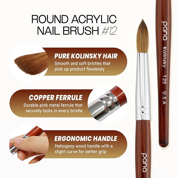pana USA Acrylic Nail Brush100% Pure Kolinsky Hair Mahogany Wood Handle with Silver Ferrule Round Shaped Style (Size # 12, Mahogany)