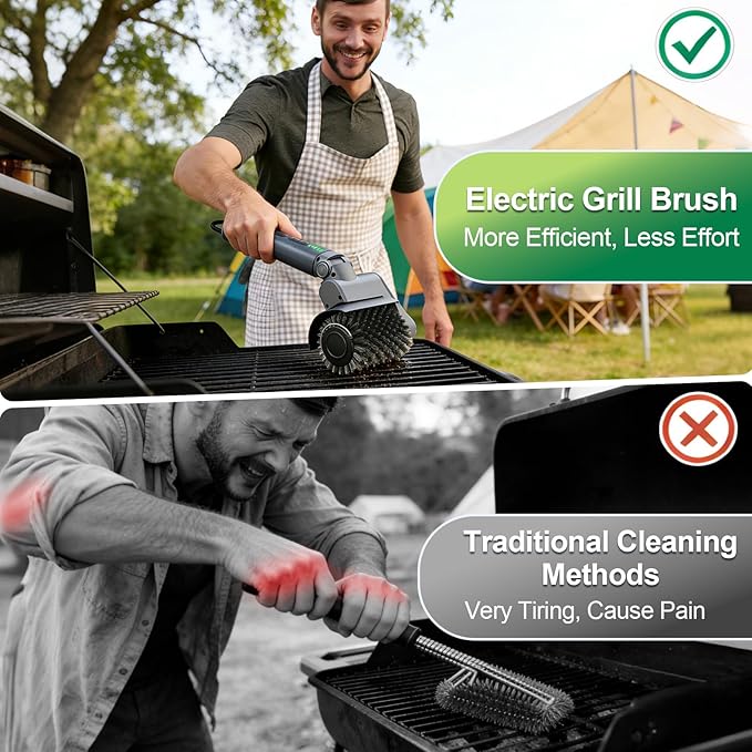 Samek Electric Grill Brush,Cordless Electric BBQ Grill Cleaner with 3 Replacement Heads, Cordless Rechargeable, 3-Speed Power Control, Adjustable Angle, Gray