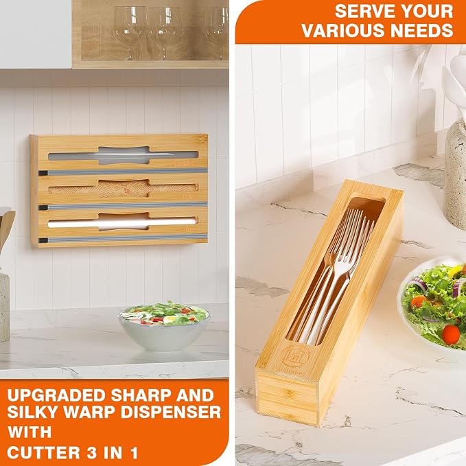 DALSHABET 9 IN1 Bamboo Storage Bag Drawer Organizer with Cutter, Foil and Plastic Wrap Dispenser for Kitchen Storage Compatible with All Brands Gallon, Quart, Sandwich & Snack Size Bags - Beige