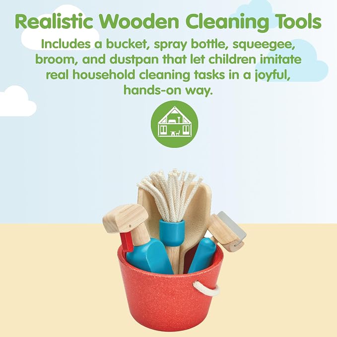 PlanToys® Cleaning Set | Montessori Wooden Housekeeping Play Set for Kids | Includes Broom, Mop, Dustpan, Bucket & Duster | Eco-Friendly Pretend Play Toy for Practical Life Skills & Responsibility | broom mop dustpan bucket duster, wooden cleaning set,...