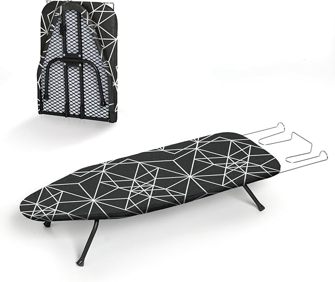 Small Ironing Board Tabletop Foldable, RAINHOL Space-Saving Iron Board, Compact and Portable for Travel and College, with Hook and Iron Holder, Steel Mesh, 32" x 12", Black and White Stripes