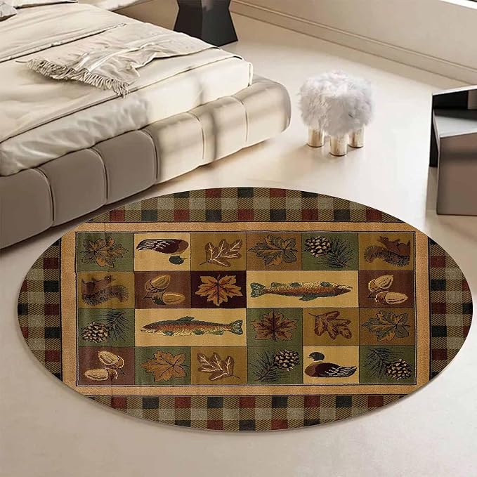 Multicolor Plaid Fish Plants Pattern Area Rug 3ft for Entrance Kitchen Non-Slip Luxury Cabin Bear Round Rugs Home Decor Pine Cone Mat