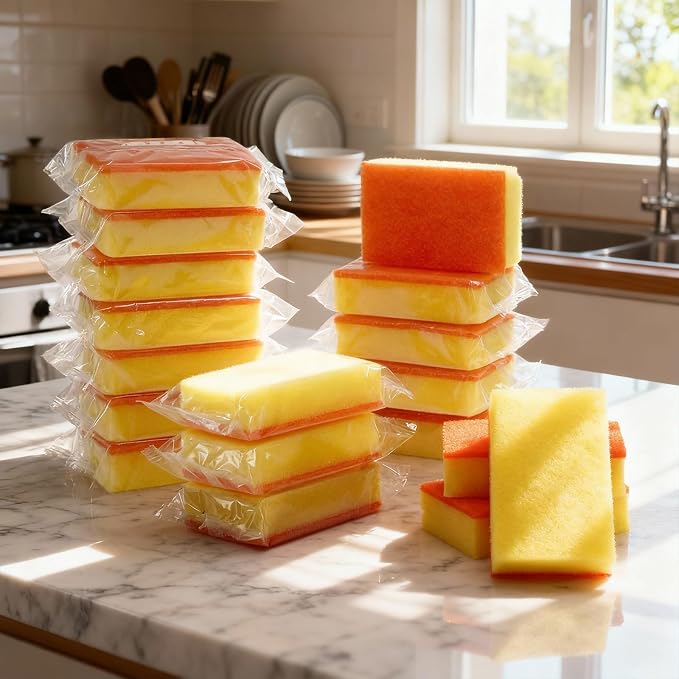 Tioncy 100 Pcs Individually Wrapped Sponges Bulk Kitchen Orange Non Scratch Scrub Sponges Dual Sided Cleaning Scrubber for Household Washing Dishes, Pots, Pans, Sinks, Stoves, Appliances, Car, Bike