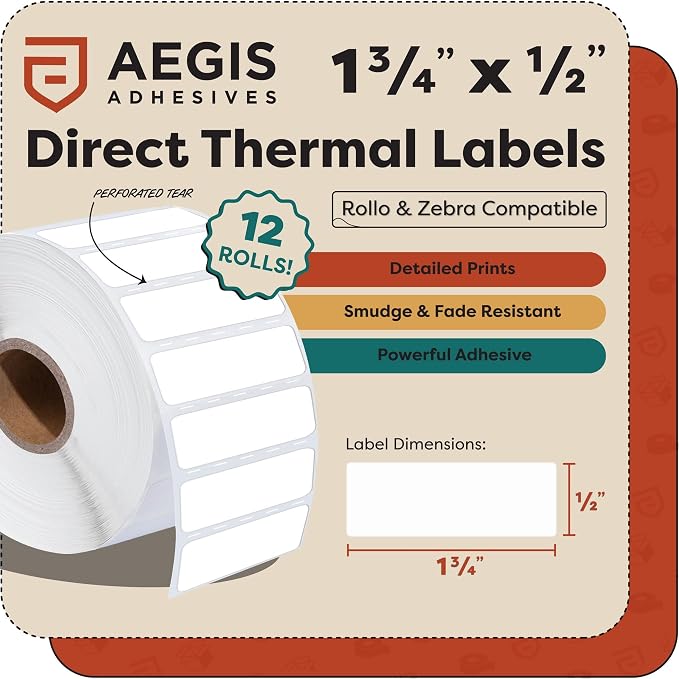 Aegis Adhesives - 1.75" X 0.5" Direct Thermal Labels (28800 Count, 12 Rolls) - Barcode Stickers, File Folder Labels, Shelf Edge Identification - Compatible with Zebra and Rollo Printers