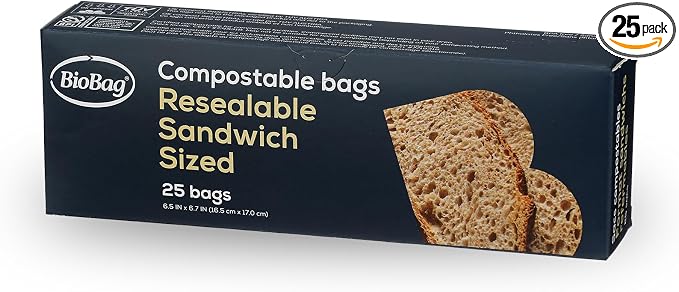 BioBag 100% Certified Compostable Resealable Sandwich Bags, 25 Count, Perfect for Lunches, Snacks, and On The Go Green