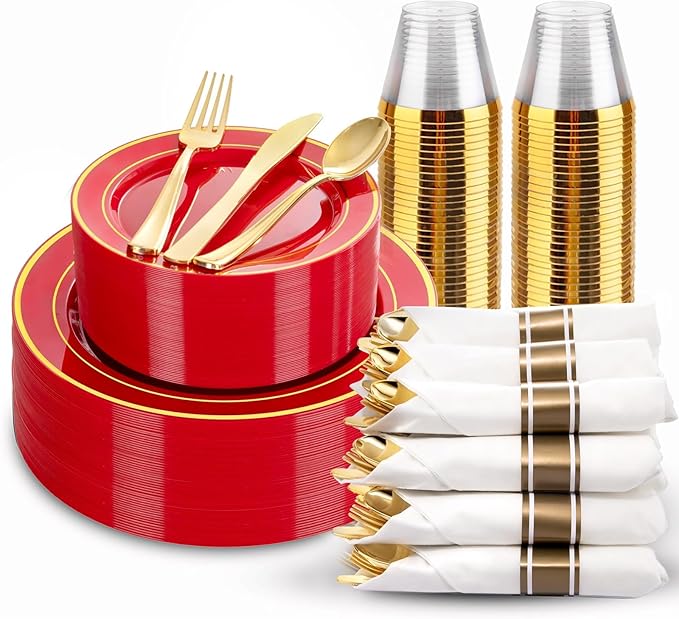 WDF Partyware 175 Pieces Red Plastic Plates with Gold Rim Include Dinner Plate 10" Dessert Plate 7" gold Cups 9 OZ, Pre Rolled Napkins 25 of each type for Wedding/Party/Birthday