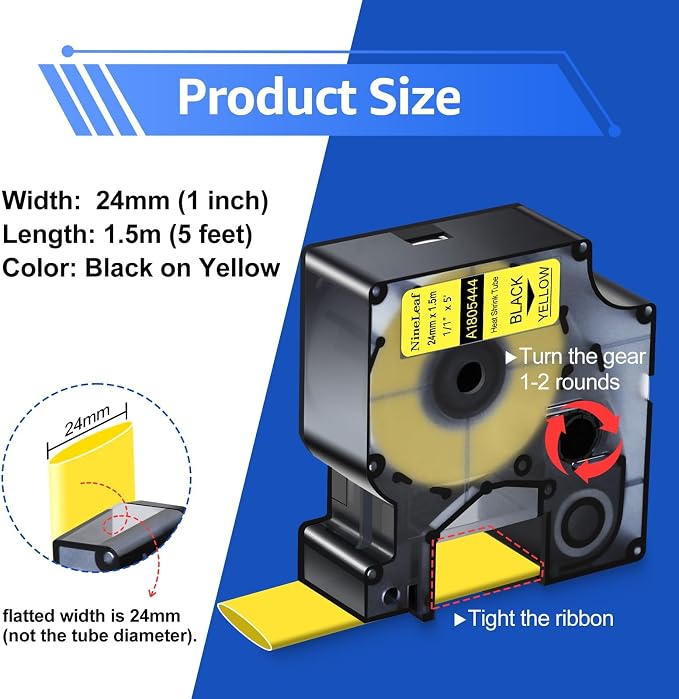 NineLeaf 8 Pack Compatible Labels Tape Replacement for Dymo 1805444 1 inch Black on Yellow Heat Shrink Tube Labels 24mm x 1.5m for Wires and Cables Use in Rhino 6000 6500 Label Maker