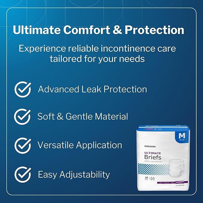 McKesson Ultimate Briefs, [16 Count], Size M, 32-44 in. Incontinence Adult Diapers with Tabs, Maximum Absorbency, Unisex, Disposable, Elastic Leg Gathers and Contoured Fit for Men and Women