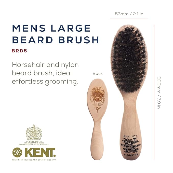 Kent Beard & Mustache Set - BRD5 Horse Hair + Nylon Bristle Brush, 81T + FOT Handmade Sawcut Combs, Pistol-Grip Wood Handle, Dry/Wet Use, Distributes Oils & Balms - Full Grooming Kit for Men