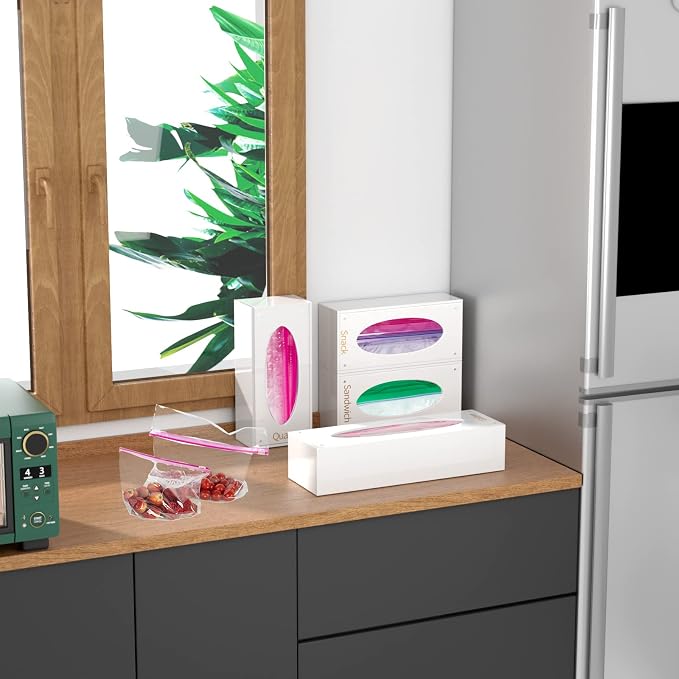 FEMELI Food Bag Storage Organizer Acrylic Kitchen Drawer Baggie Box White | 4 Separate Pack Compatible with Gallon, Slider Quart, Freezer, Sandwich, Snack, Variety Size Bags