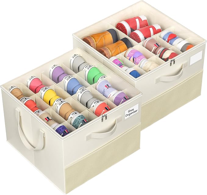 NestOrganix 2 Pack Shoe Organizer for Closet, Large Shoe Box Storage Containers, Foldable Shoe Storage Organizer Box Bin with Adjustable Dividers and Clear Cover, Space Saving Shoes Holder, Beige