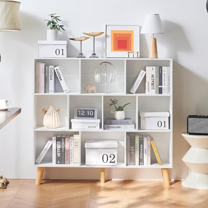 LEYAOYAO 10 Cube Bookshelf, Mid-Century Modern Book Shelf with Legs, White | 3 Tier Bookcase, Rustic Wood Bookshelves Freestanding Large Storage Organizer, Open Shelves for Bedroom, Living Room, Office
