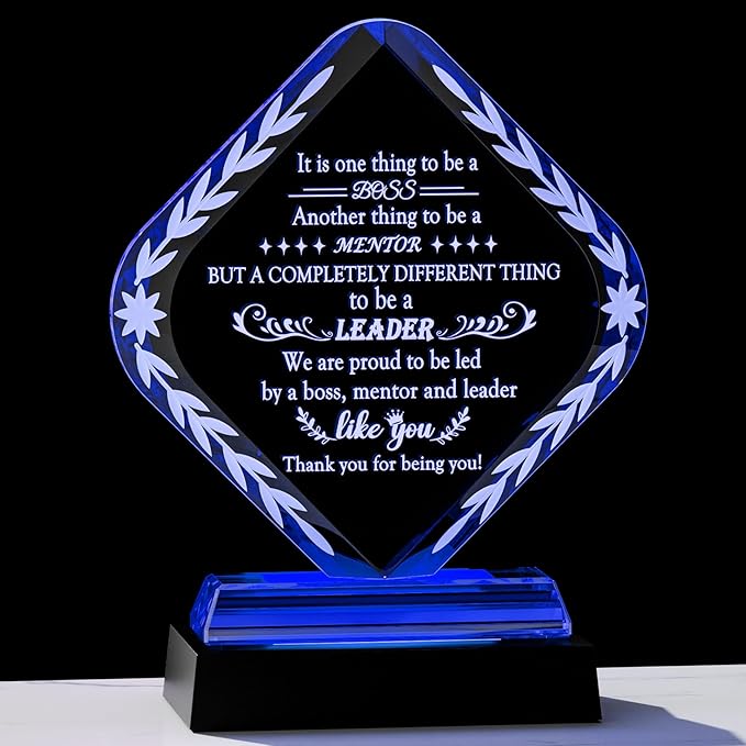 Glass Best Boss Ever Gifts for Women with LED Light Base, Personalized Appreciation Gift for Men, Retirement Plaque Gifts for Lady Boss Going Away, Boss's Day Gift Idea for Office Home Decoration