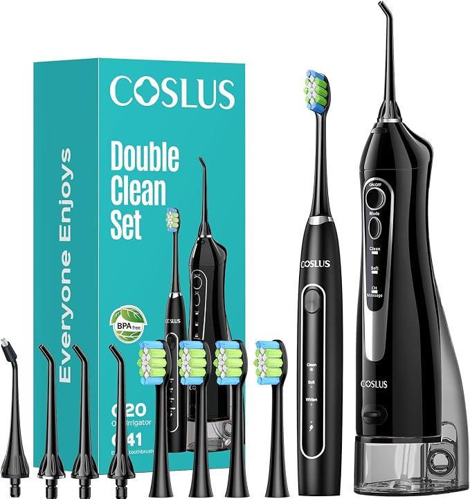 COSLUS C20C41 Water Flosser Electric Toothbrush Combo, 2-1 Oral Clean Kit | Brushing & Flossing for Teeth & Braces Cleaning, Gums Care, Portable Travel Use, Gift for Family, Adults, BPA-Free, Black