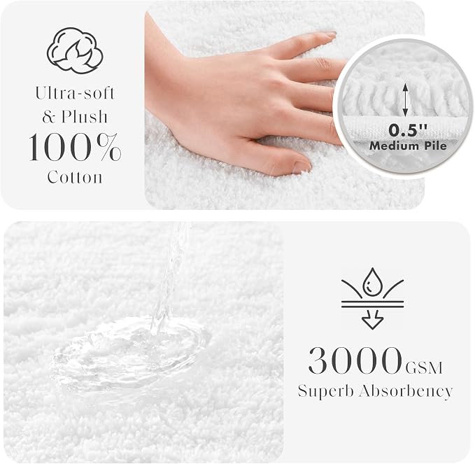 Madison Park Splendor Reversible 100% Cotton Bath Rug, 20 x 30, White | Tufted Bathroom Mat, 3000 GSM, Hotel Quality, Luxurious Plush, Medium Pile, Absorbent, Quick Dry, OEKO-TEX, Shower Room Décor