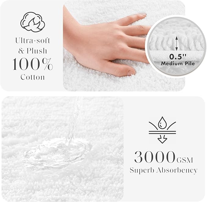 Madison Park Splendor Reversible 100% Cotton Bath Runner, 24 x 72, White | Tufted Bathroom Rug, 3000 GSM, Hotel Quality, Luxurious Plush, Medium Pile, Absorbent, Quick Dry, OEKO-TEX, Shower Room Décor