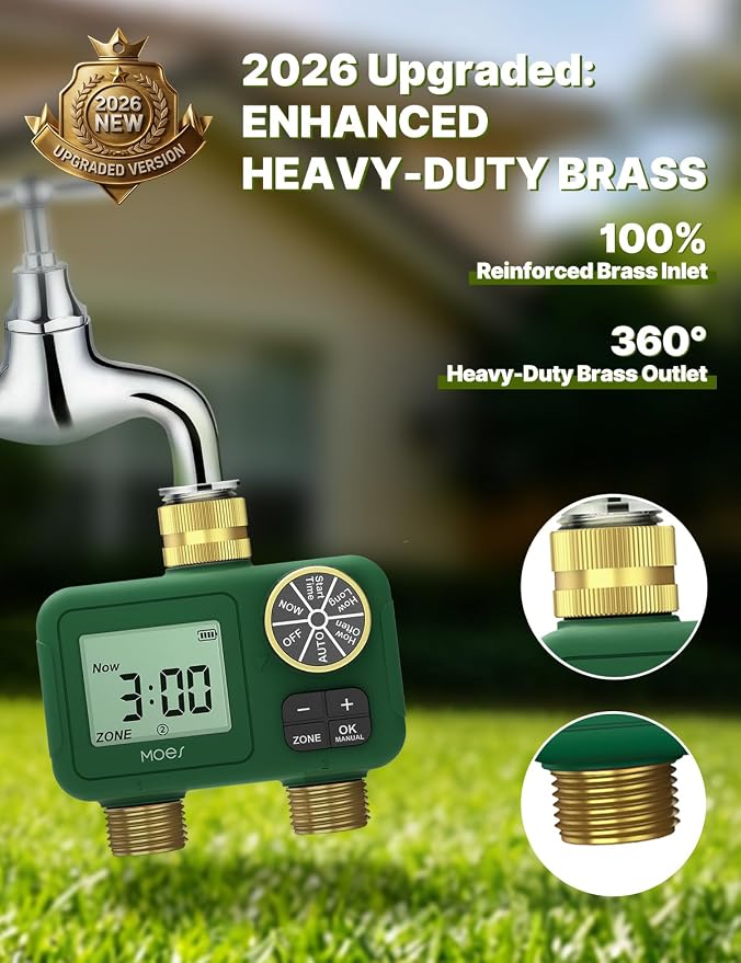 MOES 2 Zone Water Timer for Garden Hose, 3/4 in Brass Inlet and Outlets, Battery Operated Sprinkler Timer, Dual Outlet Faucet Valve, Rain Delay, Manual Watering, Non-WiFi