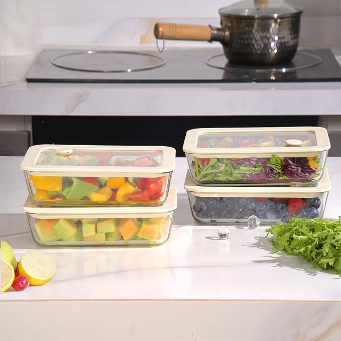 Glass Food Container Set with Glass Lid, 4 Pack, Food Storage Containers Set, Airtight, LeakProof, 100% Plastic Free, Meal Prep Containers (White Color)