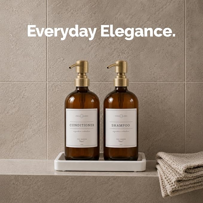Vine Creations Amber Glass Soap Dispenser, 2 Pack Kitchen Soap Dispenser Set with Ceramic Tray, Stainless Steel Pump, Dish Soap and Hand Soap Dispensers for Bathroom Decor with Waterproof Labels
