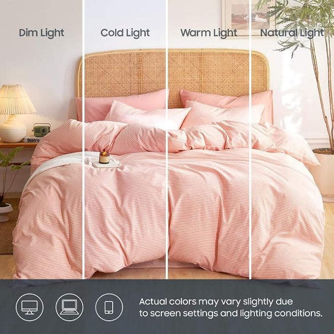 Wake In Cloud - Striped Cotton Duvet Cover Set, 100% Washed Cotton Textured Bedding Set, Ticking Stripe Pinstripe Farmhouse, 3 Pieces, Light Pink, Queen Size