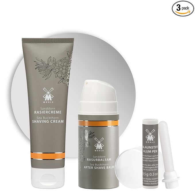MÜHLE Sea Buckthorn Shaving Essentials Bundle – Includes Shaving Cream (75ml), Aftershave Balm (100ml), All Natural Alum Stone Styptic Pencil | Complete Shave Care Kit for Men