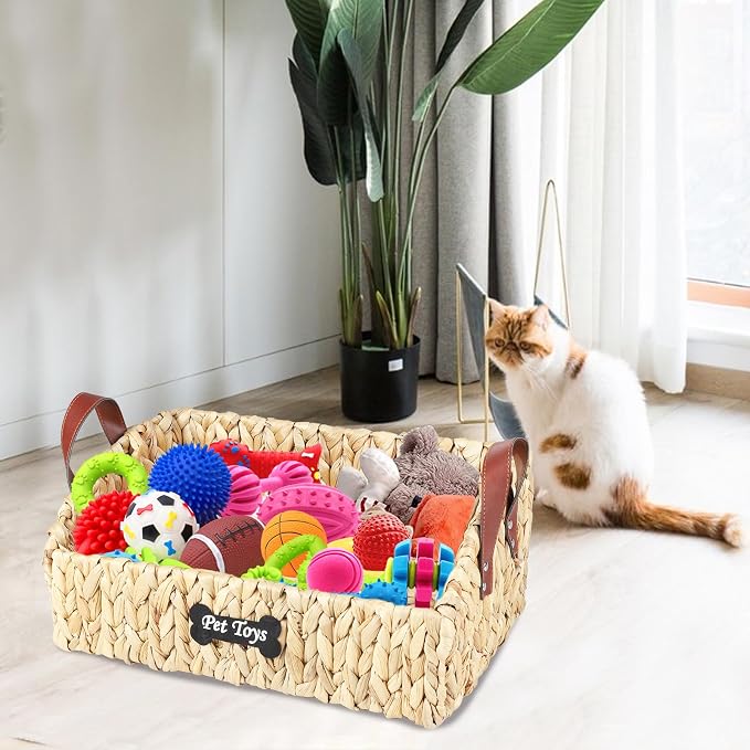 Trapezoid Pet Dog Toy Basket,Medium Dog Toy Bin,Wicker Storage Basket for Dog Cat Toys,Dog Storage Organizer for Leash Blanket Toys Snacks -Natural Farmhouse Water Hyacinth