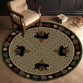 Vintage Lodge Cabin Bear Round Rugs 4ft for Dining Room Non-Slip Abstract Green Hunt Bear Circular Area Rug Home Decor Low Pile Pine Cone Leaves Border Carpet