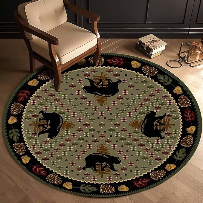 Vintage Lodge Cabin Bear Round Rugs 5'3ft for Living Room Non-Slip Rustic Western Wildlife Animal Print Carpet Apartment Decor Luxury Pine Cone Leaves Area Rug