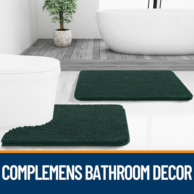 OLANLY Toilet Rugs U-Shaped 24x20, Extra Soft Absorbent Chenille Contour Bathroom Rugs for Toilet, Dry Quickly, Machine Washable, Non-Slip Bath Mat, Blackish Green