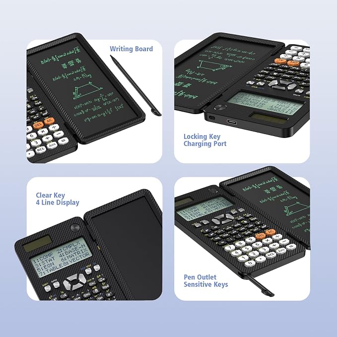 Rechargeable ROATEE 991ES MAX Scientific Calculators, CalcNote Multiview 4-Line Display with LCD Writing Tablet Notepad, Foldable Portable for Business High School College Students and Teacher(Black)