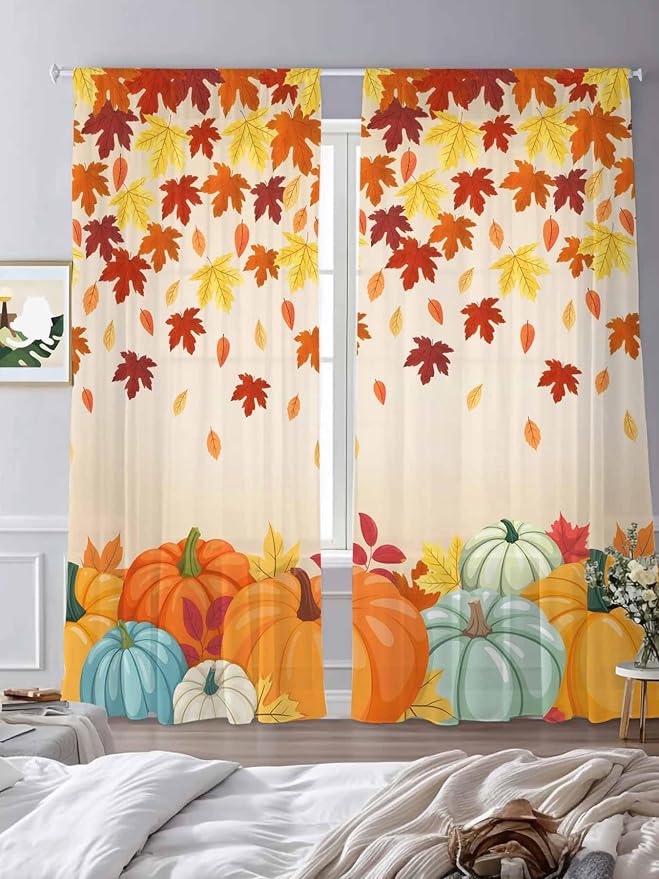 Thanksgiving Fall Chiffon Semi-Sheer Curtain 108 Inch,Autumn Pumpkins Maple Leaves Rod Pocket Voile Window Curtain Panels,Orange Watercolor Tulle Curtains Drape for Living Room/Sliding Door, 104"x108"