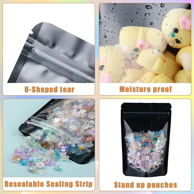 4X6 Resealable Bags 200 Pcs Mylar Bags for Food Storage Candy Packaging Black Mylar Bags with Window Reclosable Small Stand Up Pouches Edible Packaging for Small Business