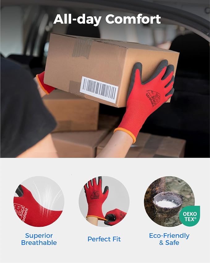 toolant Crinkle Latex Work Gloves Bulk, Rubber Coated Safety Work Gloves for Men and Women, 12 Pairs for Construction, Gardening, Warehouse (Black & Red, Large)