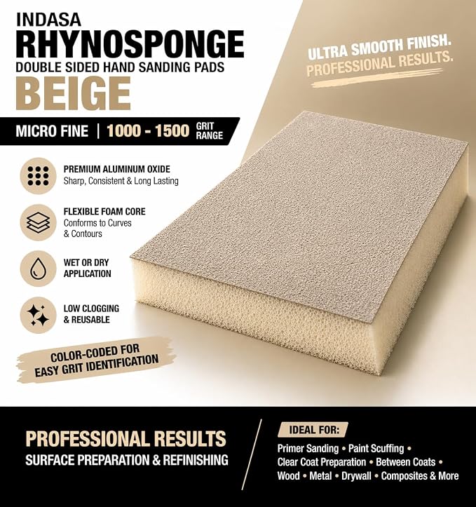 Indasa Rhyno Double Sided Sanding Sponge Pads – Aluminum Oxide, 4.75" x 3.75" x 1/2" – Flexible Foam Sanding Block (100 Pack) (Beige – Micro Fine (1000–1500 Grit))